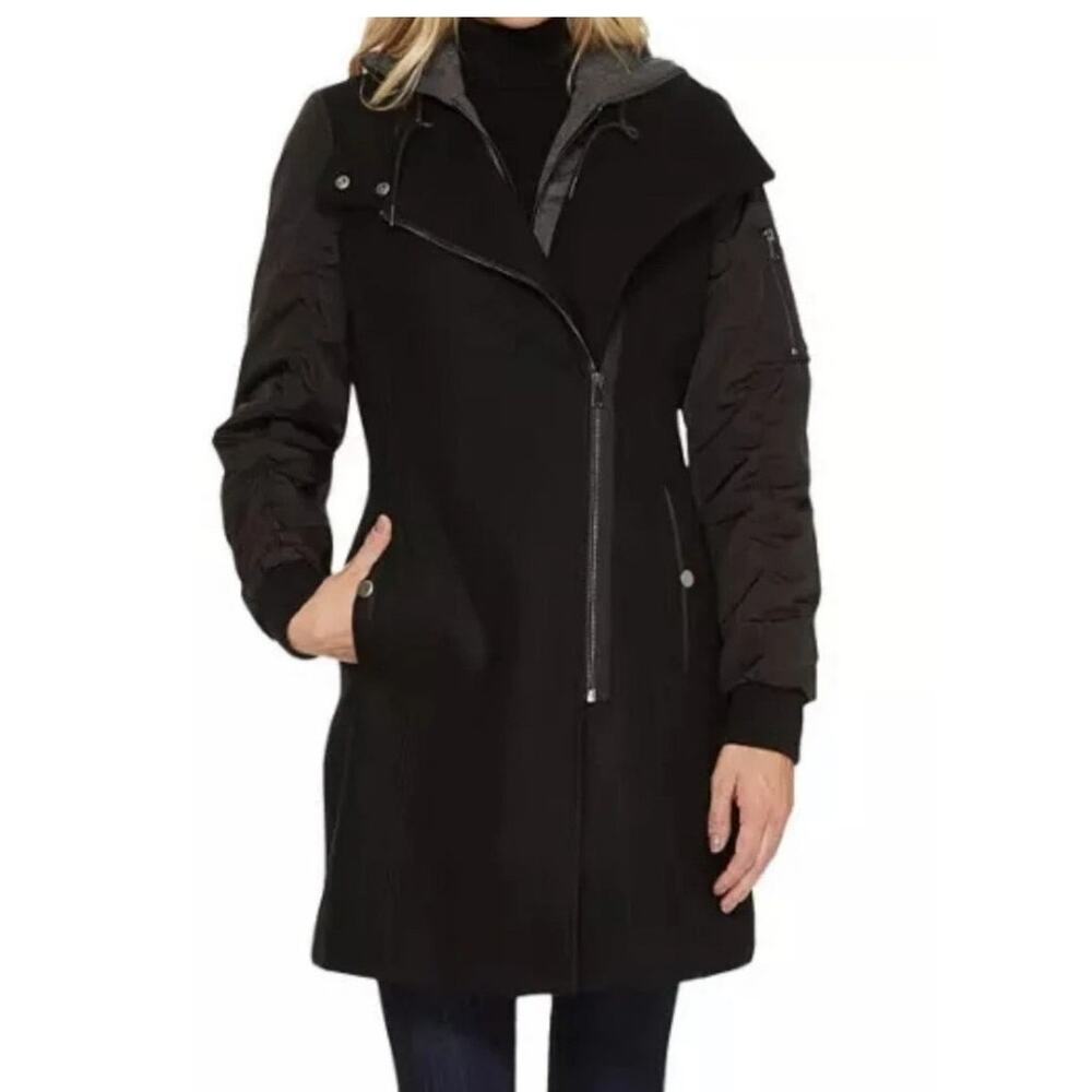 Andrew Marc New York Rowan Pressed Wool Asymmetrical Hoodie Contrast Sleeve M/L